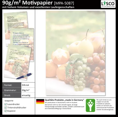 Produktbild von Motivpapier Briefpapier (Obst-5087, DIN A4 25 Blatt) frische Früchte Weintrauben Äpfel Manderinen Gastronomie Bioladen Obsthandel