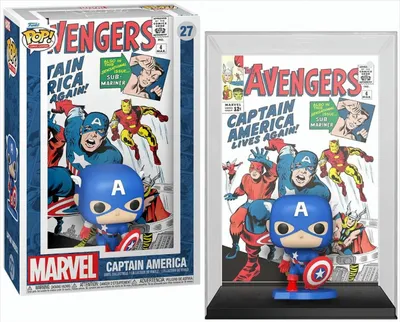 A Funko Pop! Captain America figure in its comic cover-themed packaging, shown next to a display case with the same comic cover art and figure.