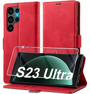Image de Coque en simili cuir rabattable pour Samsung Galaxy S23 Ultra 5G, avec film de protection, de couleur rouge