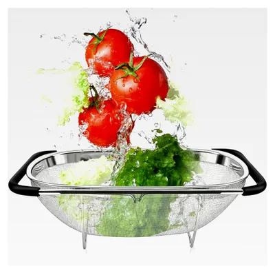 Produktbild von Edelstahl Waschbecken Sieb, Ausziehbar, Rostfreier Stahl Abtropfsieb mit Feinsiebkorb und Gummigriff für Abseihen, Abtropfen und Waschen von Obst und Gemüse (34x24x11cm)