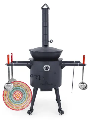 Produktbild von Utschak Feuerofen Ø 40 cm + Gusseisen-Kasan 12 L, runder Boden + Küchenzubehör, Usbekischer Kochtopf aus Gusseisen