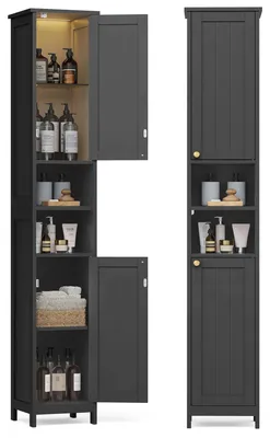 Imagen del producto de VASAGLE, armario de baño con iluminación, alto y estrecho, mueble de almacenamiento con estantes ajustables, ideal para espacios pequeños, diseño moderno, 30 cm de ancho, color tinta, modelo BBK566BC01 – Tamaño 30B cm