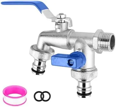 Produktbild von Wasserhahn Garten Doppel Auslaufhahn 1/2 Zoll & 3/4 Zoll Kugelhahn Doppelwasserhahn aus Messing mit 2 * Gratis Schlauchanschlüsse1*Rollendichtband, Doppelanschluss und Schlauchtülle (Blau)