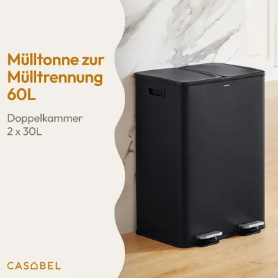 Produktbild von CASABEL Doppel-Küchenabfalleimer 2x30L, Edelstahl, 2 Pedale, Schwarz