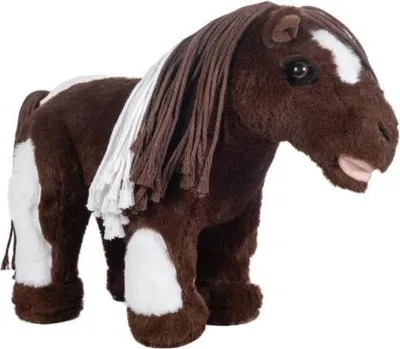A plush toy horse on a white background.
