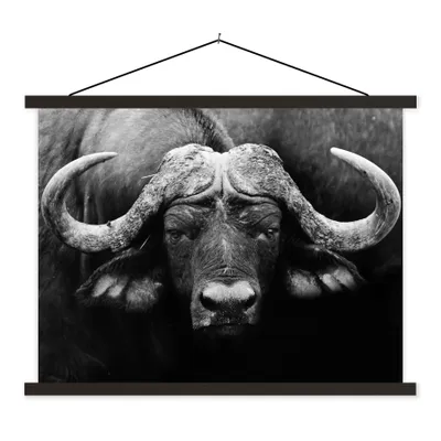 Produktbild von MuchoWow® Textilposter Tiere - Büffel - Schwarz - Weiß - Porträt 150x113 cm mit holzfarbenen Rahmen - Poster