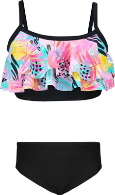 Produktbild von Aquarti Mädchen Bikini Set Bustier Bikinislip Zweiteiliger Badeanzug, Farbe: 030I mit Rüschen / Blätter / Rose / Gelb / Schwarz, Größe: 116