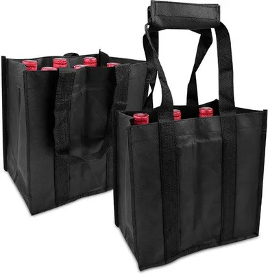 Productafbeelding van 2 stuks flessendragers, flessentas met 6 vakken, herbruikbare drankzak, flessenzak, draagtas voor flessen, wijnflessentas, wijnflesdraagtas voor feestjes (zwart)