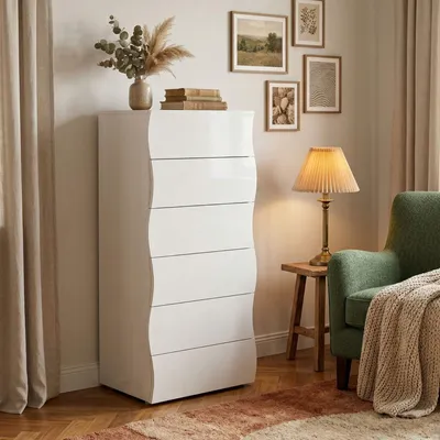 Immagine prodotto di Dmora Cassettiera Asch 40x50x121.7h cm Bianco Lucido, 6 Cassetti Apertura Scorrevole Italy