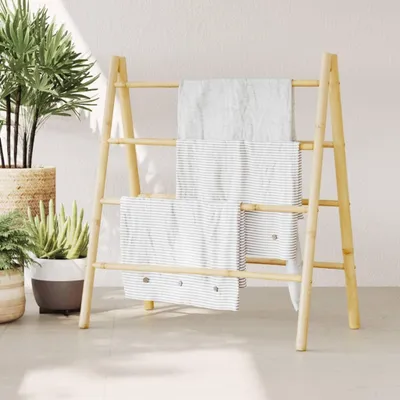 Immagine prodotto di Scaletta per asciugamani in bambù - Porta asciugamani a due livelli - Organizzazione per il bagno - 4 barre per lato - 90x50x100 cm - Bambù naturale