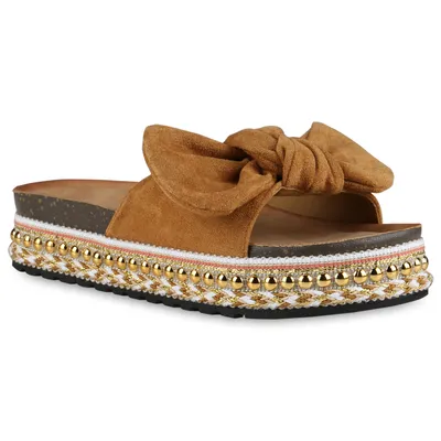 Produktbild von Giralin Damen Sandaletten Pantoletten Schleifen Nieten Plateau Schuhe 837628, Farbe: Hellbraun, Größe: 36