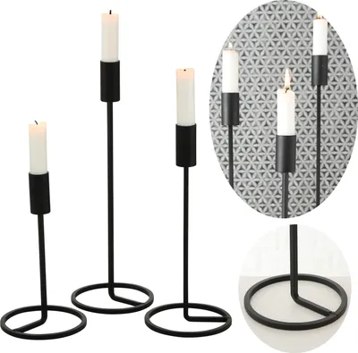Produktbild von LS-LebenStil Vintage 3´er Set Metall Kerzenständer Schwarz Kerzenhalter für Stabkerzen Stabkerzenhalter Kerzenleuchter
