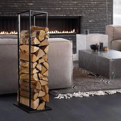 Image de Support de bois de cheminée en acier noir Étagère à bois de chauffage Étagère à bois