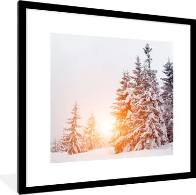 Produktbild von MuchoWow® Gerahmtes Poster Sonne - Bäume - Schnee 40x40 cm - Poster mit Schwarzem Bilderrahmen Wandposter Rahmen Foto Bilder - Poster - Plakat im Rahmen