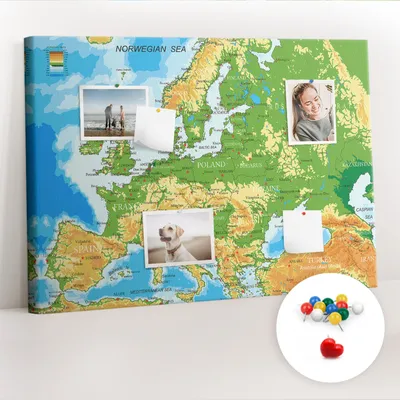 Obrázek produktu pro Korková nástěnka s kolíčky - Tabule s kolíky pro fotografie a poznámky - 100x70 cm - Připínáčky barevné 100 kusů - Zeměpis Mapa světa