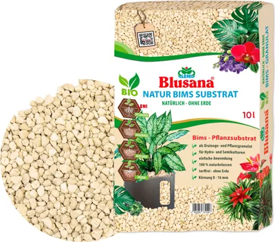 Produktbild von Blusana Bims Pflanzsubstrat 10 Liter grobe Körnung 8-16mm Vulkangestein mineralisch für Drainage Hydrokultur Zimmerpflanzen Balkon Terrasse Garten strukturstabil
