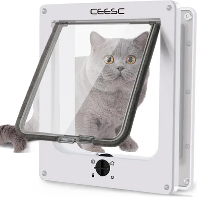 Produktbild von Große Katzenklappe - 4-Wege-Drehverschluss-Katzentür für Innen- und Außentüren - Wetterfeste Haustiertür für Katzen und Hunde - Taille < 63 cm - Außen-Katzenklappe Größe 29,5 cm x 24,5 cm
