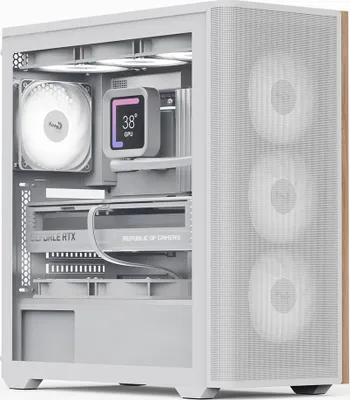 A white computer tower case with internal components visible, including fans, a graphics card, and a small display screen showing temperature.