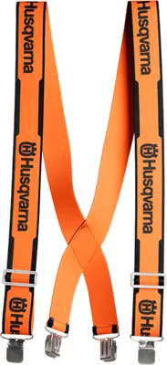 A pair of orange suspenders with black Husqvarna logos and metal clips, laid out flat against a white background.