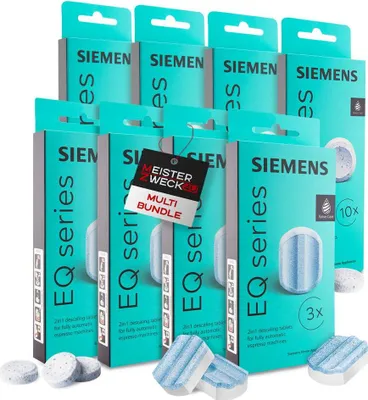 A collection of Siemens EQ Series cleaning and descaling tablets in their original packaging, arranged in a staggered formation.