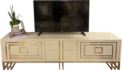Produktbild von Casa Padrino Luxus TV Schrank Creme / Gold 220 x 45 x H. 60 cm - Edler Fernsehschrank mit 4 Türen und 2 Schubladen - Luxus Wohnzimmer Möbel