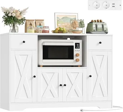 Produktbild von 120 cm Sideboard Küche, Küchenschrank mit Steckdose und Mikrowellenregal, Vorratsschrank Buffetschrank mit Verstellbare Ablagen für Küche, Esszimmer, Wohnzimmer, 120×85×40 cm