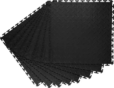 Zdjęcie produktu dla Płytki podłogowe do garażu, łączone, opakowanie 8 sztuk 513 x 513 x 5 mm Łączone modułowe płytki podłogowe do garażu, antypoślizgowe maty PVC z wzorem rombowym do warsztatu, magazynu, pomieszczenia narzędziowego, czarne