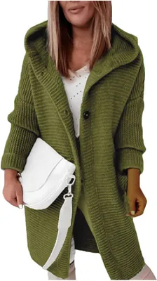 Produktbild von ASKSA Damen Strickjacken Strickmantel Warm Langarm Einfarbig Sweatshirt Grobstrick Hoodie Strickcardigan Mit Kapuze (Dunkelgruen ,S)