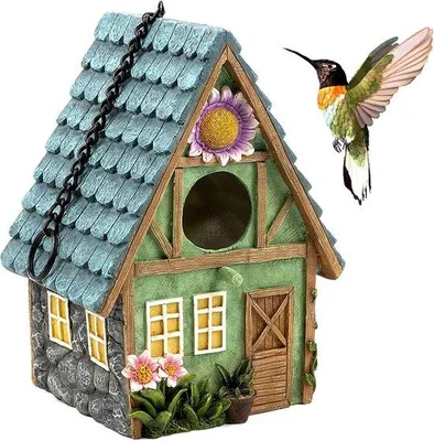 Productafbeelding van Houten Vogelhuisje Nestkast 21x15x13 cm met Decoratief Houten Dak - Hangend Vogelhuis voor Balkon en Tuin - Kunst Tuindecoratie voor Vogels