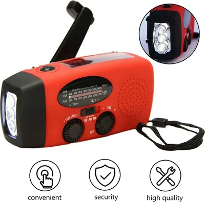 A red and black emergency radio with a hand crank and LED flashlight.