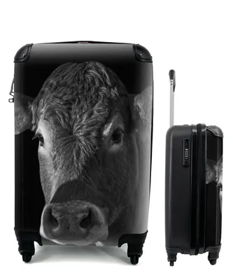 Produktbild von MuchoWow® Koffer Handgepäck Trolley Rollkoffer Kleine Reisekoffer mit 4 Rollen - Kuh - Tiere - Schwarz - Weiß - Porträt - Cabin Size < 55x40x23 cm & 55x40x20 cm - Fotokoffer - Kabinenkoffer - Boardgepäck - Reise-Box - Reisekoffer - Reisegepäck - Koffer mit Bild - Trolley für Kinder