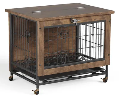 Immagine prodotto di Cuccia per cani in legno - Rifugio interno per cani di piccola taglia - Struttura in acciaio robusta - Doppie porte e apertura superiore - Ruote - Ciotola estraibile