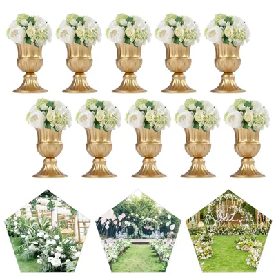 Produktbild von Metallvasen für Blumenarrangements - 10-teiliges Set - Trompetenform - 16 cm hoch - Hochzeits-Tischdekoration - Goldfarben