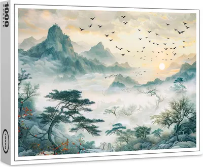 Image de Puzzle haut de gamme Raxxa « Oiseaux à l'aquarelle chinoise dans le ciel du soir », 1 000 pièces