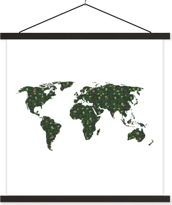 Produktbild von MuchoWow® Textilposter Weltkarte - Blumen - Blätter 120x120 cm mit schwarzem Rahmen - Aufhängungsset