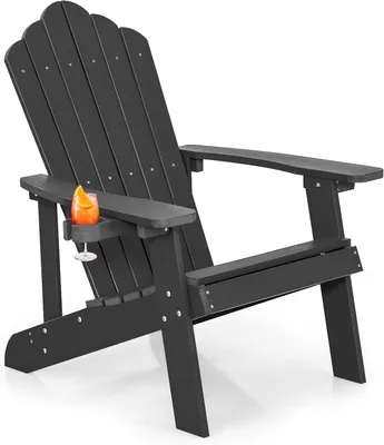 Produktbild von KOMFOTTEU Adirondack Stuhl mit Getränkehalter, Gartenstuhl mit Rücklehne & Armlehnen, Gartensessel wetterfest & ergonomisch, Relaxstuhl bis 170 kg für Balkon, Garten, Strand (Schwarz)