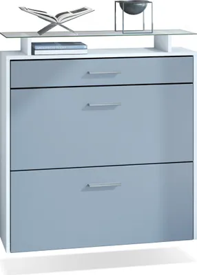 Produktbild von Vladon Schuhschrank Malea, hängender Schuhkipper für 16 Paar Schuhe mit 2 Klappen und 1 Schublade und Glasablage, Weiß matt/Denim matt (89 x 96 x 23 cm)