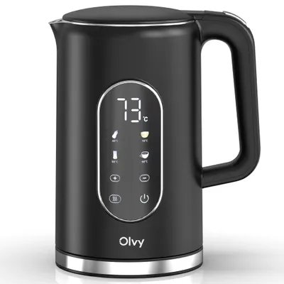 Obrázok produktu pre Rýchlovarná kanvica Olvy s nastavením teploty 1,7 l - LCD displej, 2200 W, bez BPA, funkcia udržiavania teploty, filter proti vodnému kameňu, výber teploty 40-100°, nerezová oceľ