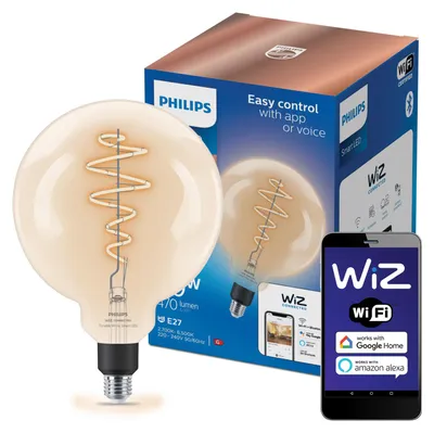 Zdjęcie produktu dla Philips Przezroczysta żarówka w kształcie kuli z widocznym spiralnym żarnikiem 6,7 W (odp. 40 W) G200 E27, Inteligentne żarówki, Wi-Fi/Bluetooth, Przezroczysty, Wi-Fi 4 (802.11n), 802.11b, 802.11g, LED, E27