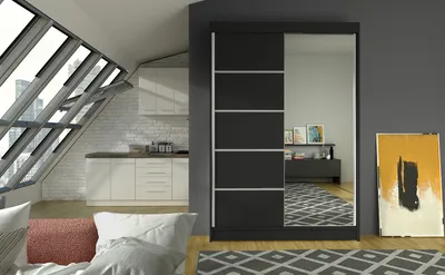 Produktbild von Schwebetürenschrank 2-türig Schrank 120 cm mit Regalen Moderne Kleiderschrank mit Spiegel Garderobe für Kleidung  Modell LIVIO III SCHWARZ