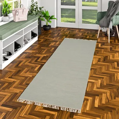 Produktbild von Wolle Natur Teppich Läufer Kelim Mila Grau, Größe:70x300 cm