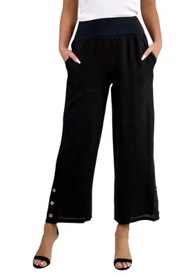 Produktbild von 319 Mississhop Damen Leinenhose lockere Freizeithose 7 / 8 lange Hose mit drei Knöpfe 100% Leinen Schwarz