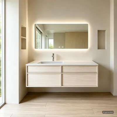 Image de Ensemble de meuble de salle de bain, comprenant un lavabo en pierre synthétique, un meuble sous-vasque suspendu, un miroir et des meubles de salle de bain modernes, dimensions 120x55 cm [RW849-120K]