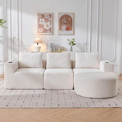 Image de Canapé compressé 265 cm, 3 coussins (1 plume + 2 porte-gobelets) – confortable canapé double pour petits salons, appartements et bureaux