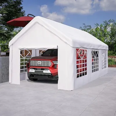 Produktbild von Carport Zeltgarage 3×6×2,8 m mit Rolltüren und Fenstern, Wasserdichtes Lagerzelt Autozelt Garagenzelt, Weidezelt Unterstand für Auto, SUV, LKW, Boot, Weiß, Stahlrahmen, HD26042006