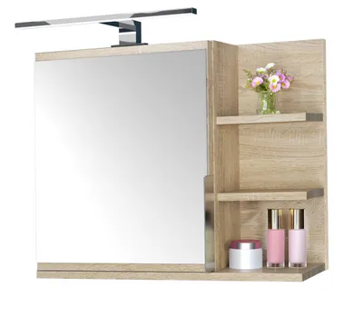 A bathroom cabinet with a mirror and shelves, featuring a light and decorative items.