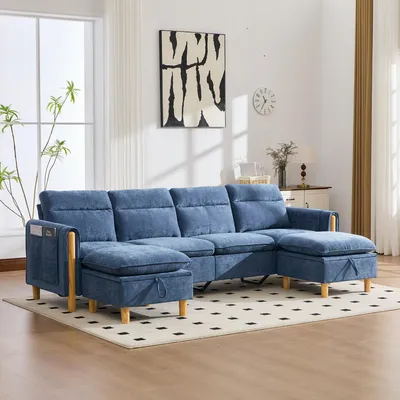 Immagine prodotto di MODFU Divano a forma di U Divano modulare a 4 posti con due pouf con vano portaoggetti, divano grande con gambe in legno, divano lounge, salottino, ciniglia, blu