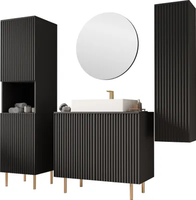 Produktbild von MIRJAN24 Badmöbel-Set Nubia V, Badezimmer-Set mit Spiegel (Farbe: Schwarz, MIt Siphon, Mit Waschbecken)