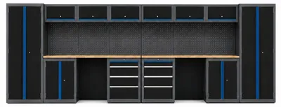 Produktbild von 2x Werkstattwand 13-tlg. modulares Werkstattschranksystem aus Stahl mit massiver Holzarbeitsplatte blau