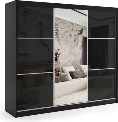 Produktbild von ALTDECOR Kleiderschrank mit Spiegel und Schiebetüren, kugelgelagerte Führungsschienen und Aluminium-Leisten - VIVONA - mit LED-Beleuchtung und Fernbedienung - 240 cm - Schwarz